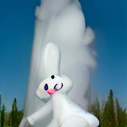 generated: an inflatable rabbit held up in the air by the geyser Old Faithful #0